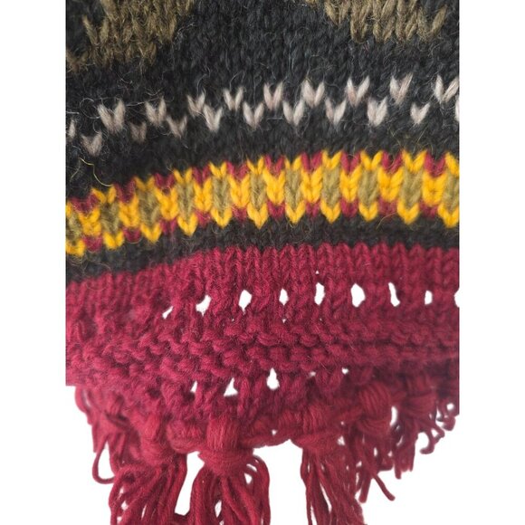 Hand Knit 80s/90s Boho Wool Sweater OverSz Uni M-XL Tribal Fringe Hem Brick Red - Picture 5 of 8